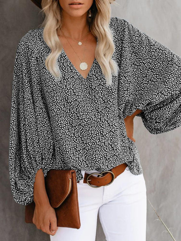 V-neck casual shirt printed lantern sleeve top women's clothing