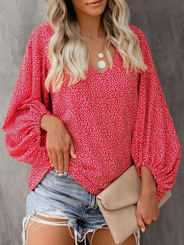 V-neck casual shirt printed lantern sleeve top women's clothing