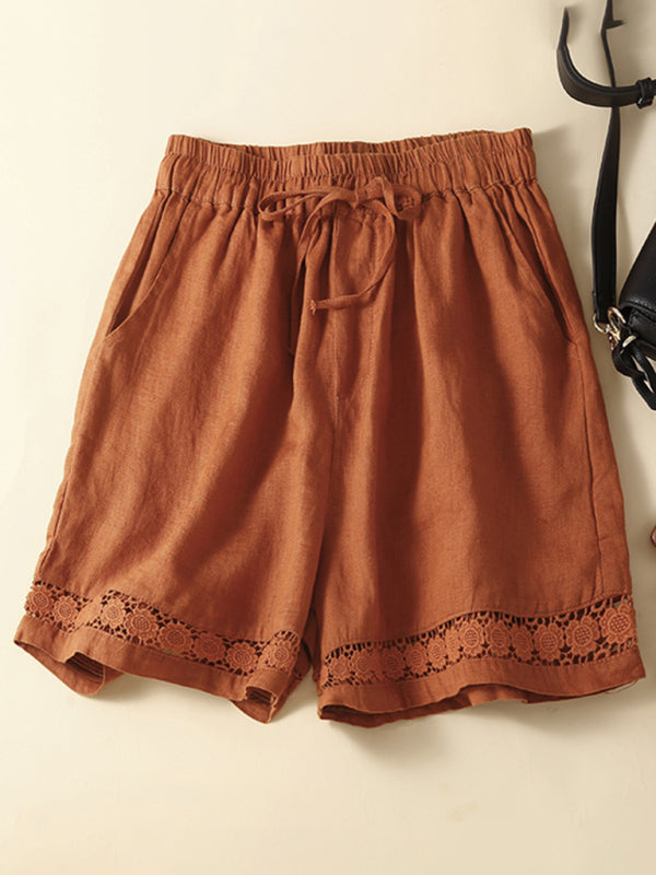 Women's woven cotton linen hollow lace loose shorts