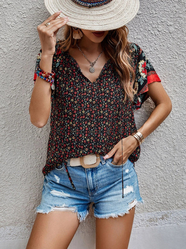 Women's casual ethnic style printed V-neck short-sleeved loose shirt