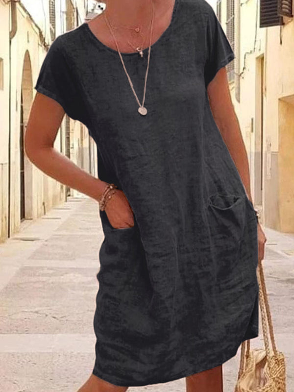 New Loose Solid Color Pocket Short Sleeve Round Neck Cotton Linen Dress