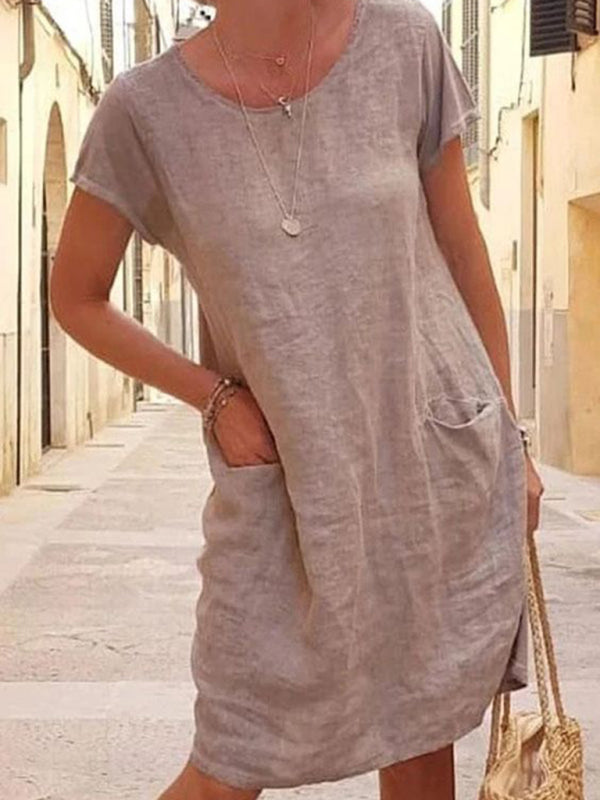 New Loose Solid Color Pocket Short Sleeve Round Neck Cotton Linen Dress