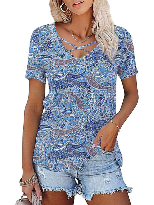 Women's knitted casual ethnic style V-neck short-sleeved T-shirt