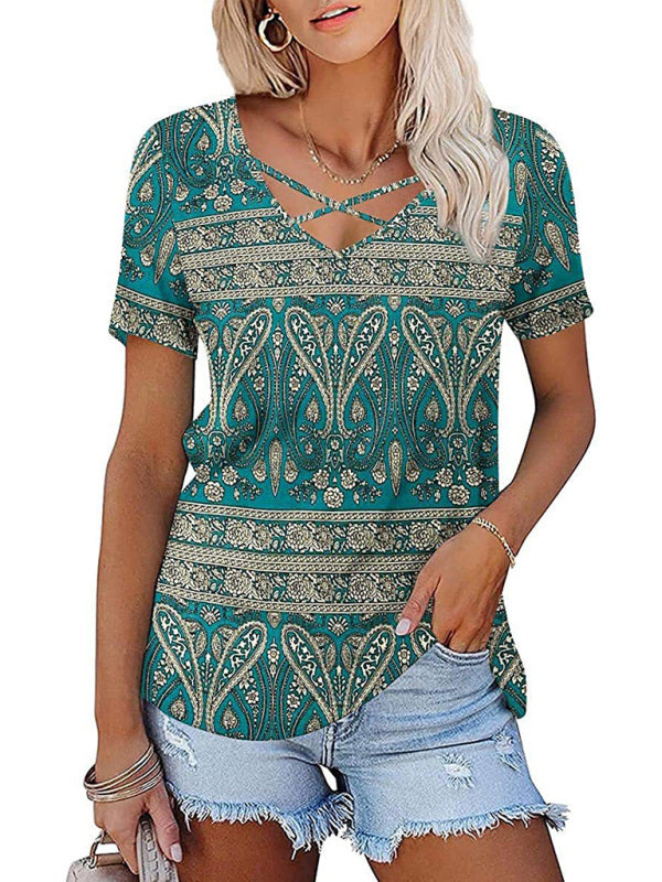 Women's knitted casual ethnic style V-neck short-sleeved T-shirt