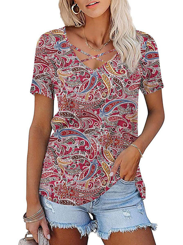 Women's knitted casual ethnic style V-neck short-sleeved T-shirt