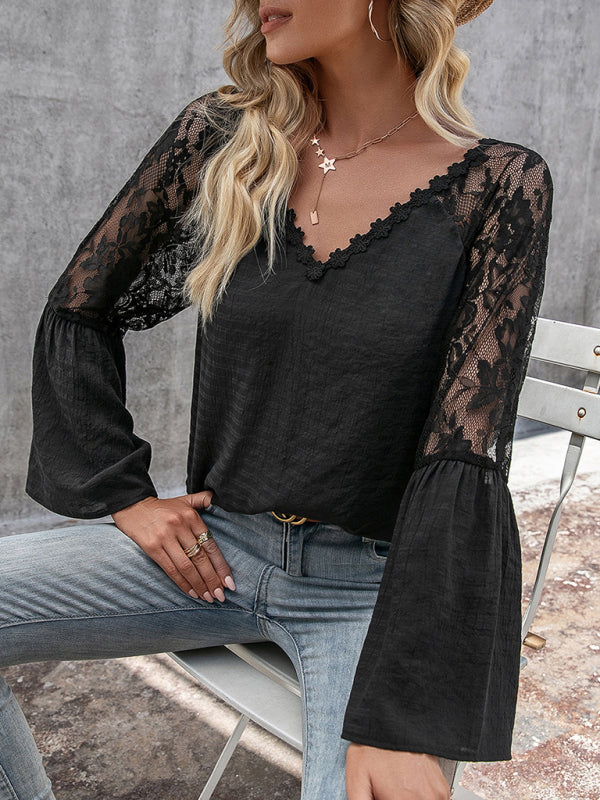 Women's solid color splicing lace hollow V-neck long-sleeved top