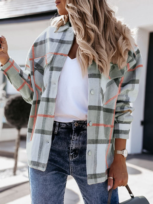 Women's autumn and winter long-sleeved loose wool plaid shirt coat