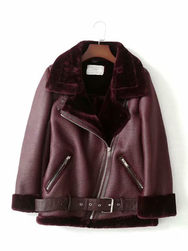 New women's street fashion motorcycle style fur coat