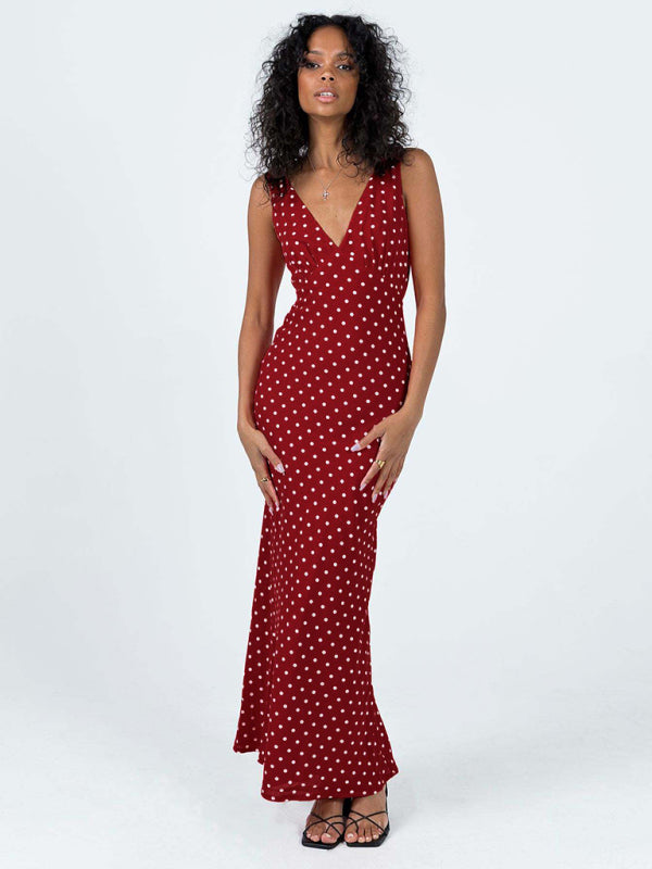 Women's polka dot suspender V-neck fishtail dress