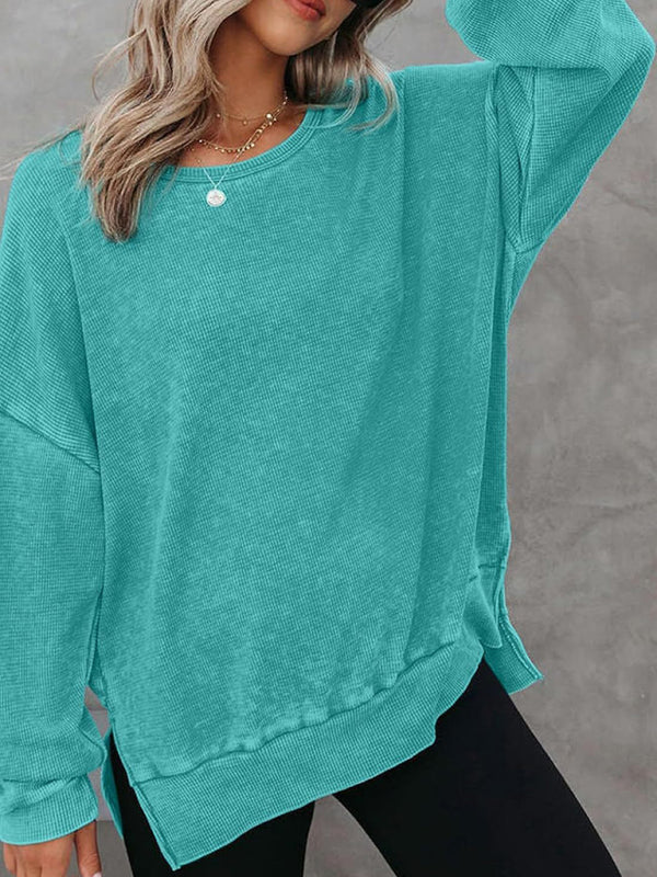 Women's round neck long sleeve side slit waffle knit top