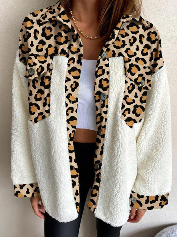 Women's Leopard Plaid Print Plush Stitching Contrast Color Warm Long Sleeve Jacket