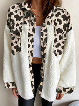 Women's Leopard Plaid Print Plush Stitching Contrast Color Warm Long Sleeve Jacket