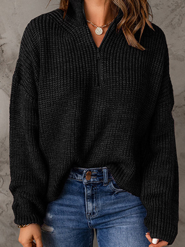 Women's zippered loose turtleneck long sleeve pullover sweater