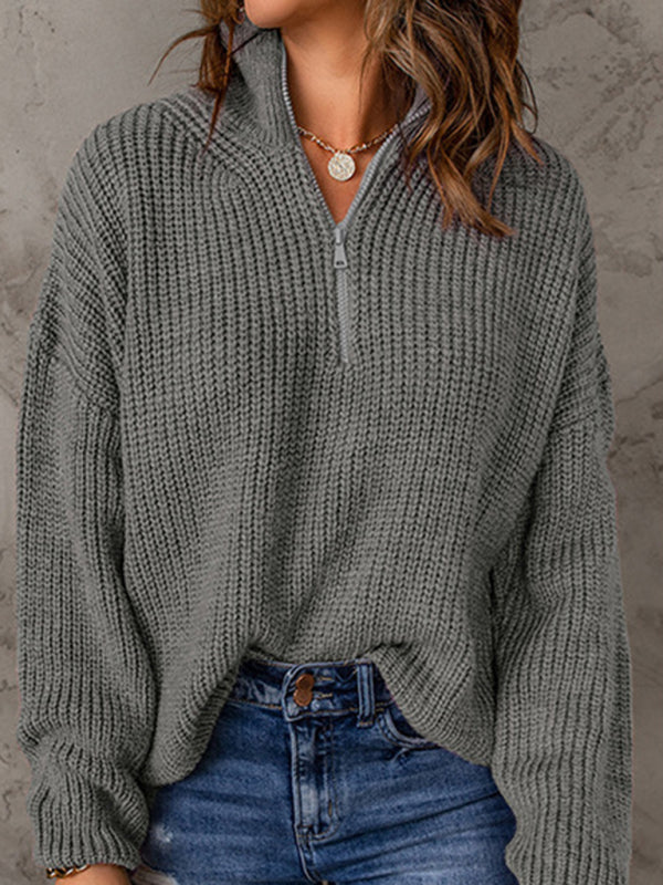 Women's zippered loose turtleneck long sleeve pullover sweater