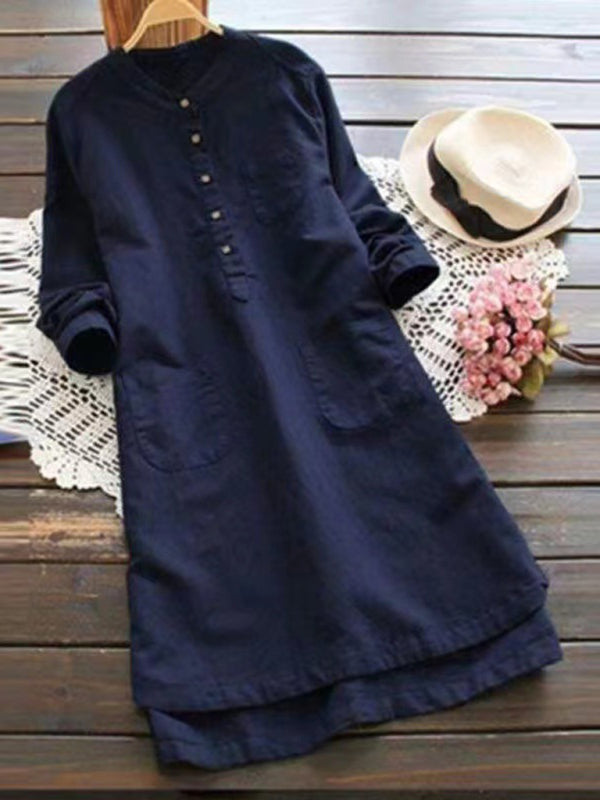 New Solid Color Henley Collar Button Open Long Sleeve Shirt Style Midi Dress