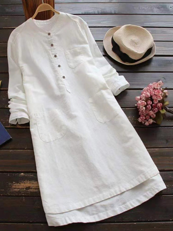 New Solid Color Henley Collar Button Open Long Sleeve Shirt Style Midi Dress