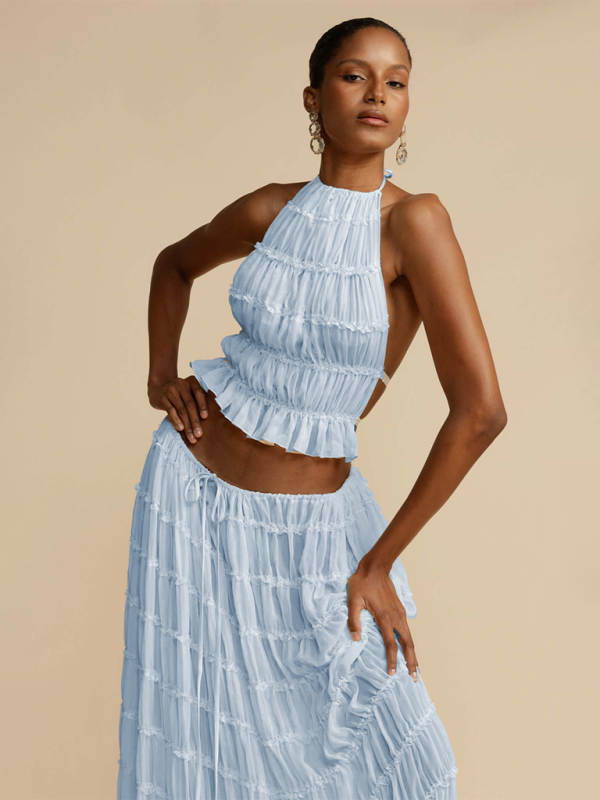 Backless lace-up halter top set and two-piece chiffon pleated long skirt with earrings