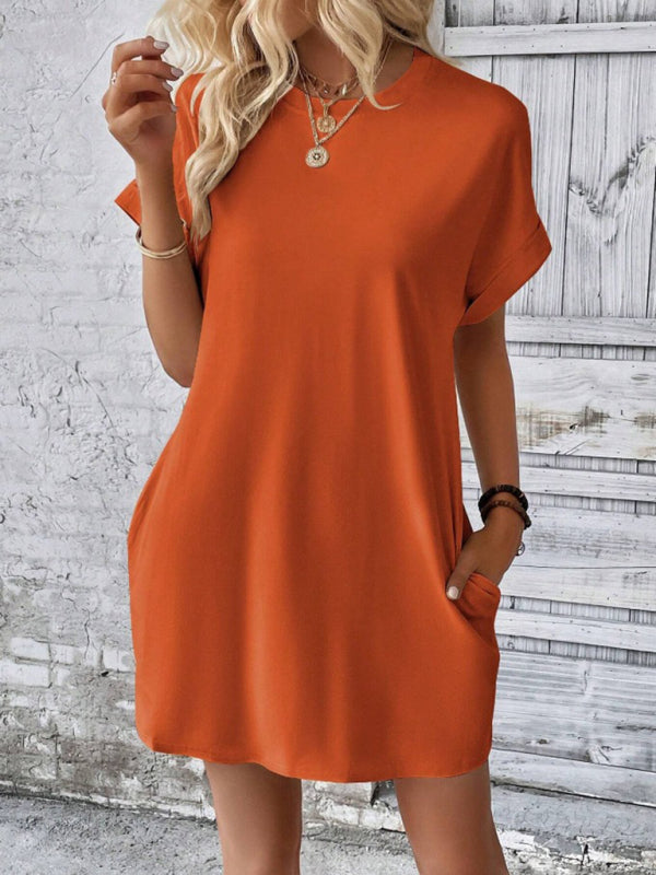 New spring and summer solid color round neck loose short sleeve pocket dress