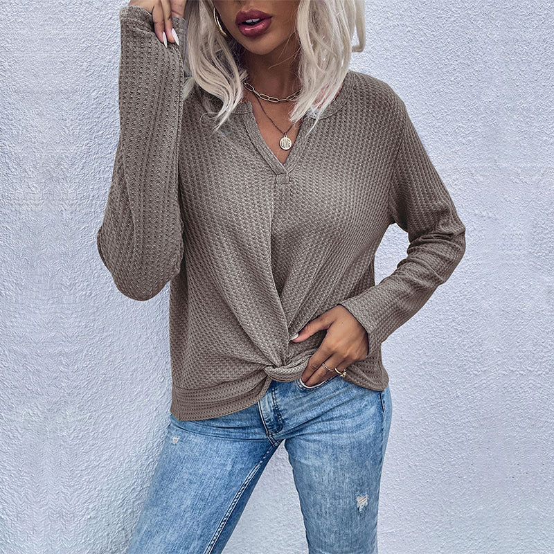 women's waffle kink thin solid color bottoming knitted sweater